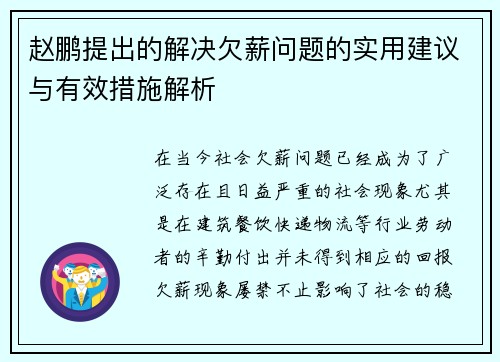 赵鹏提出的解决欠薪问题的实用建议与有效措施解析 赵鹏提出的解决欠薪问题的实用建议与有效措施解析