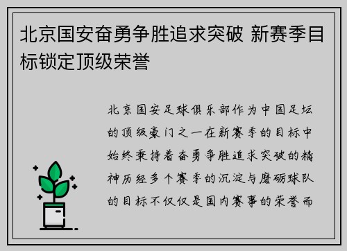 北京国安奋勇争胜追求突破 新赛季目标锁定顶级荣誉