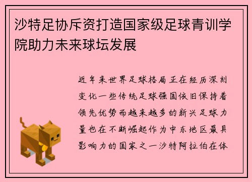 沙特足协斥资打造国家级足球青训学院助力未来球坛发展 沙特足协斥资打造国家级足球青训学院助力未来球坛发展